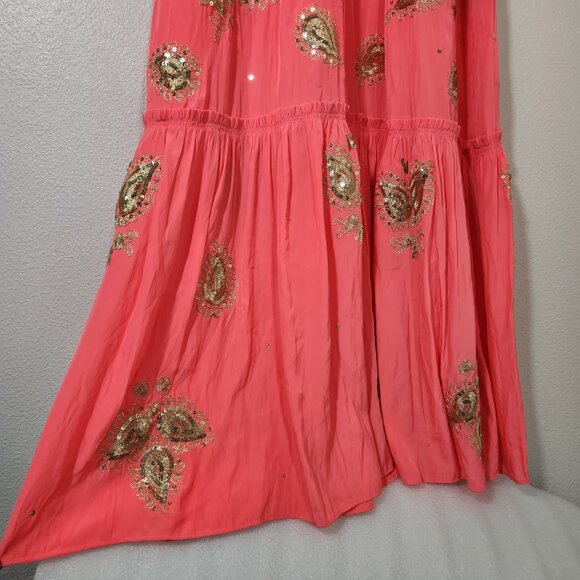 CALYPSO St. Barth Coral & Gold Maxi Dress Embroidered Sequin Sz XS DAMAGED - Picture 12 of 16